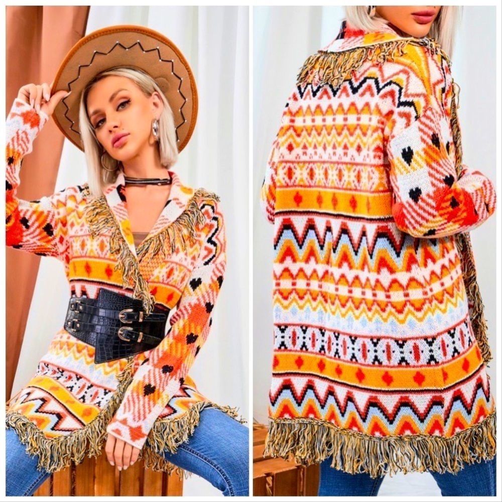 NWT! BOHEMIAN GEOMETRIC PATTERN FRINGE TRIM DROP SHOULDER OPEN FRONT CARDIGAN!